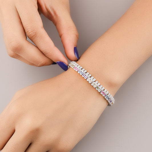 Rainbow Baguette Gemstone Multi Row Diamond Tennis Bracelet - view 3