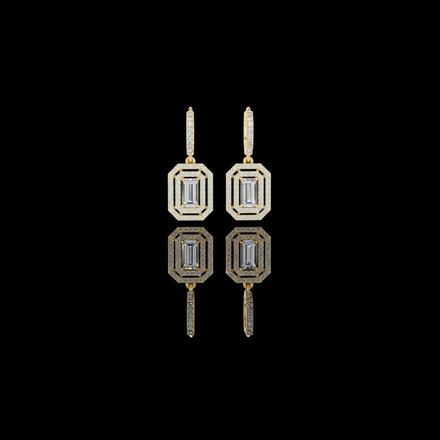 Art Deco Octagonal Double Halo Emerald Cut Moissanite Huggie Drop Earrings