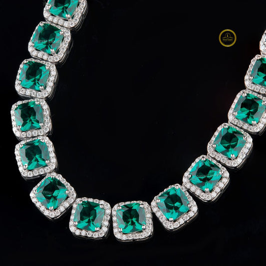 Iced Out Moissanite Tennis Chain with Green Cushion Halo Links - view 4