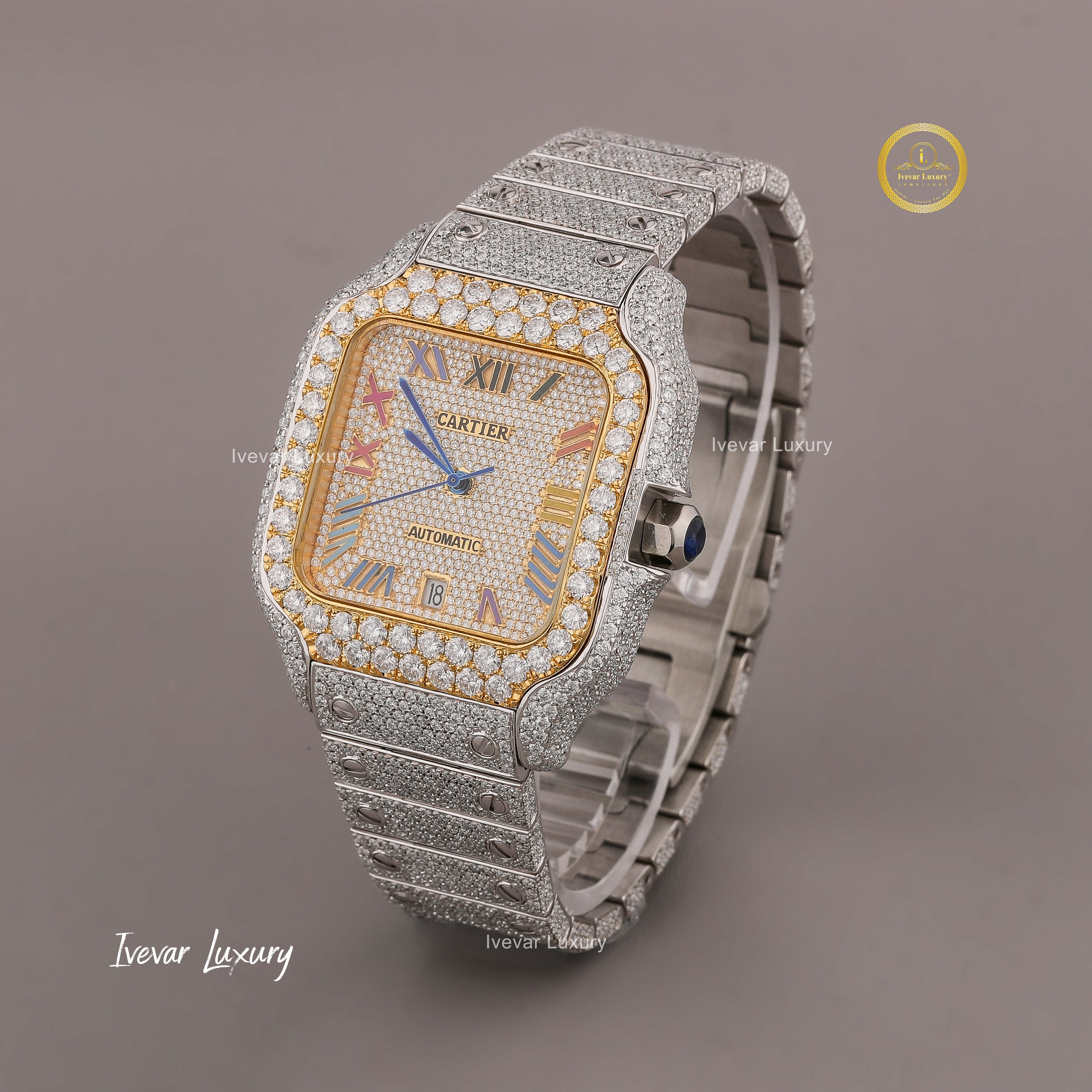 Silver and yellow gold with rainbow color roman number full iced out watch , Ivevar 100 % Real VVS Full Ice Out Studded White Moissanite Diamond Watch, Steel Body  Automatic Watch, Date Just Oyster Bust Down Watch
