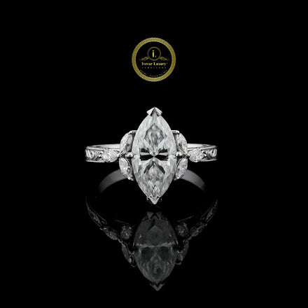 Vintage Marquise Lab Diamond Solitaire Ring With Sidestone