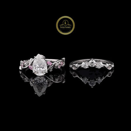 Pear Cut Floral Vine Moissanite Engagement Ring Set