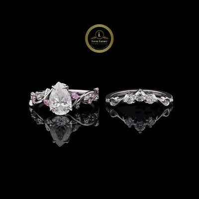 Pear Cut Floral Vine Moissanite Engagement Ring Set