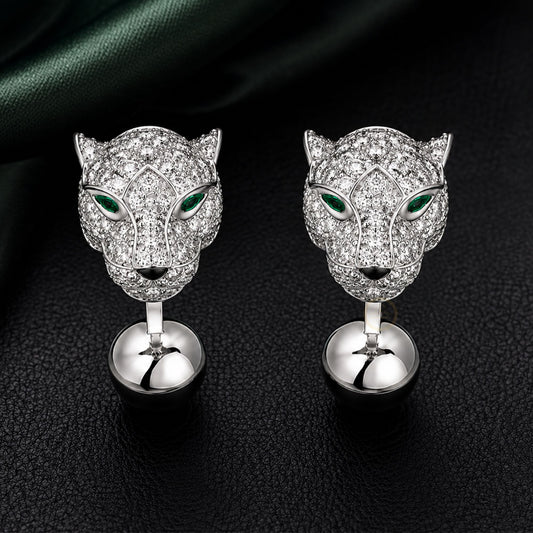 Diamond Panther Head Cufflinks with Emerald Green Eyes - view 2