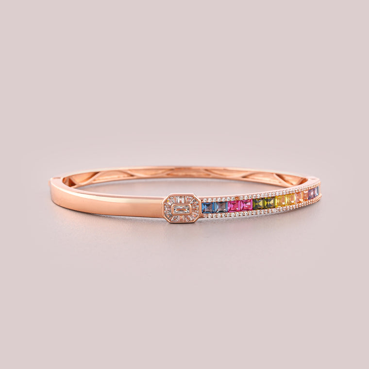 Rainbow Gemstone Channel Set Hinged Bangle Bracelet - view 2