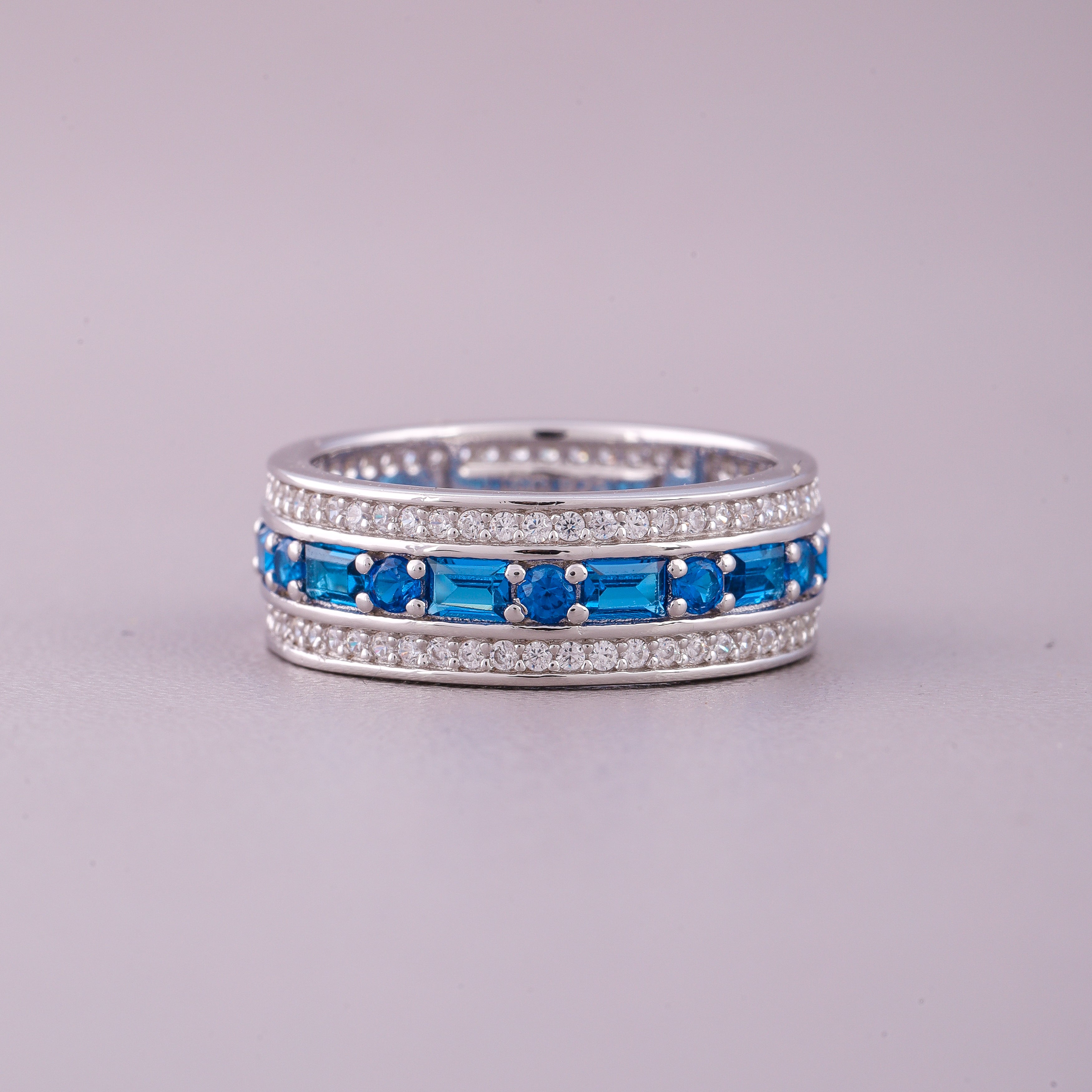 Ivevar Blue sapphire Baguette & Round cut eternity band ring with diamond in gold Natural rainbow ring gold