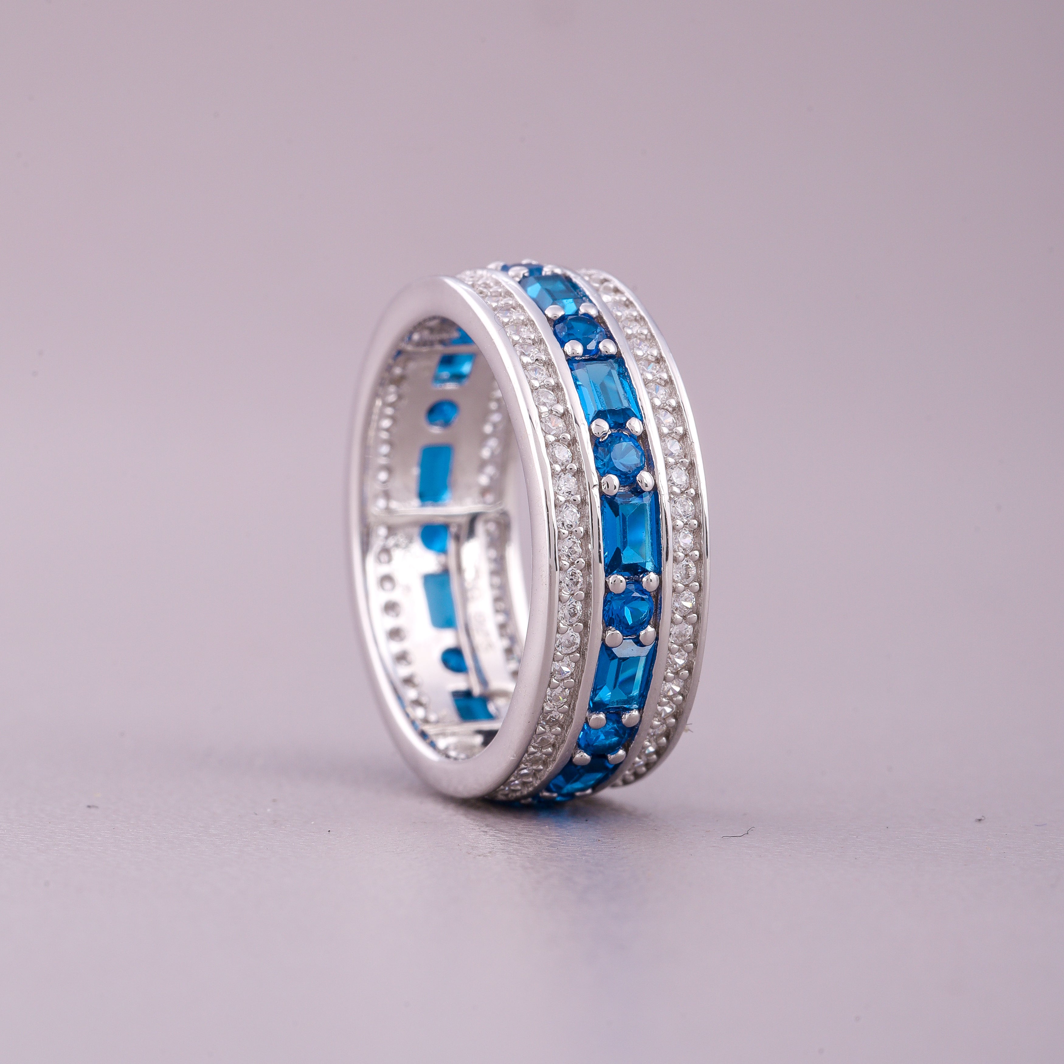 Ivevar Blue sapphire Baguette & Round cut eternity band ring with diamond in gold Natural rainbow ring gold