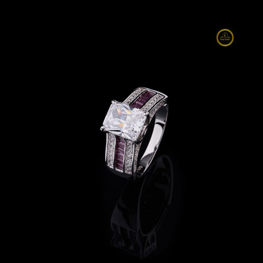 Radiant Cut Moissanite Ring With Three Row Pink Gemstone Band - view 4