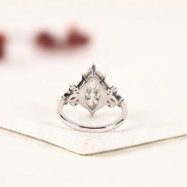 Marquise Cut Engagement Ring with Floral Leaf Accents - view 2