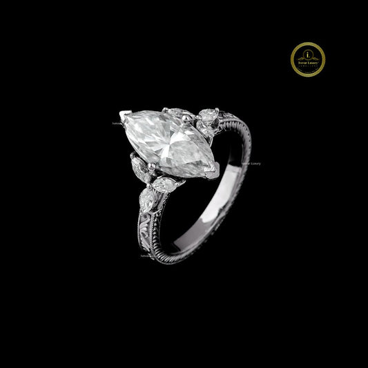 Vintage Marquise Lab Diamond Solitaire Ring With Sidestone - view 2