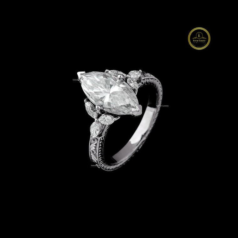 Vintage Marquise Lab Diamond Solitaire Ring With Sidestone - view 2