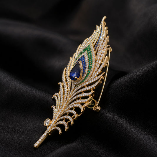 Peacock Feather Inspire Brooch with Blue & Green Gemstones - view 2