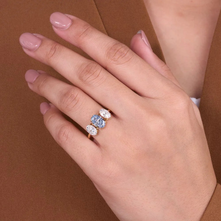 Oval Three Stone Blue And White Lab Diamond Ring - view 2