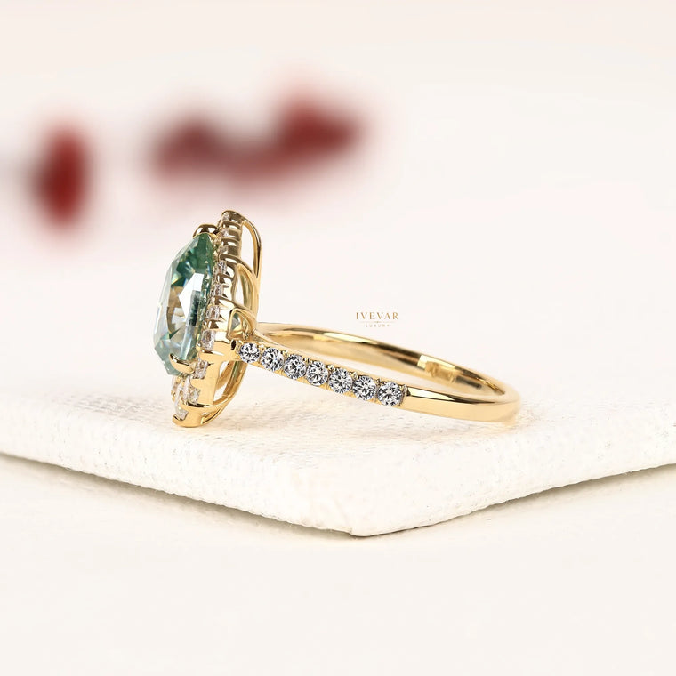 Green Pear Cut Moissanite Halo Ring with Pave Band - view 2
