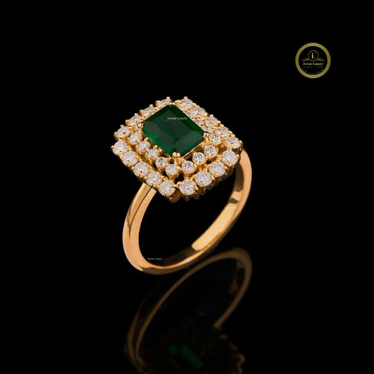 Emerald Cut Green Moissanite Double Halo Ring - view 2