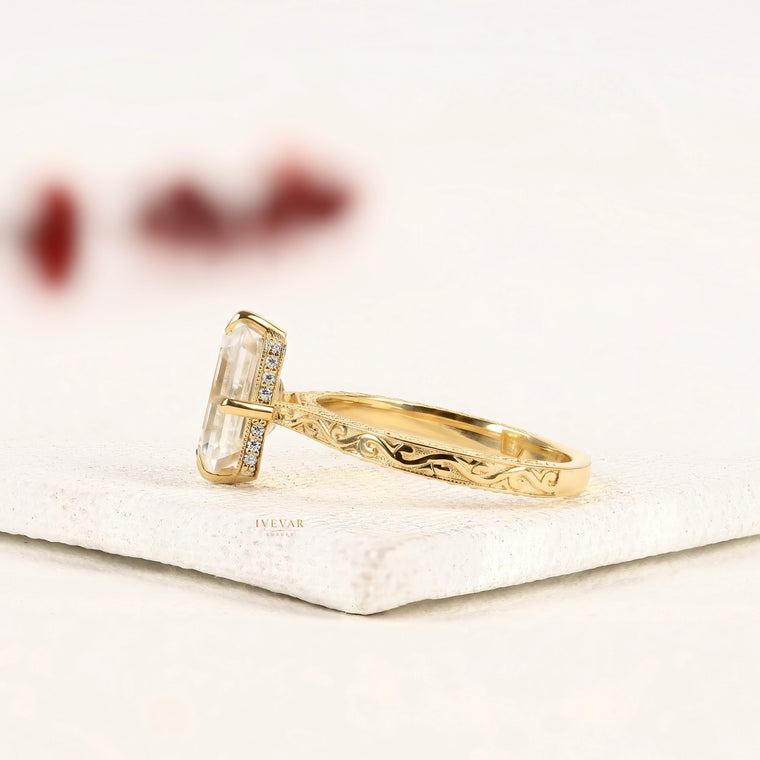 Emerald Cut Ring with Engraved Band - view 2