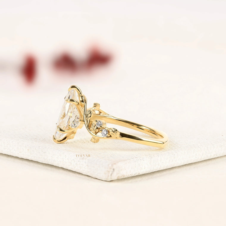 Marquise Cut Moissanite Ring with Twisted Floral Vine Band - view 2