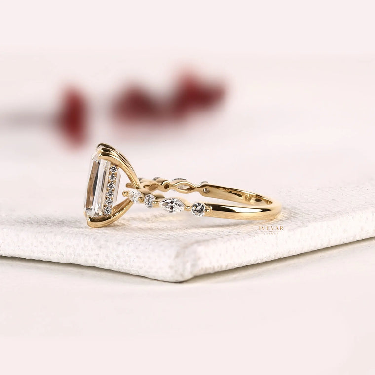 Emerald Cut Pear & Round Accent Moissanite Engagement Ring - view 2