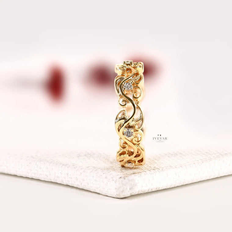 Nature Inspired Round Moissanite Filigree Eternity Band - view 2