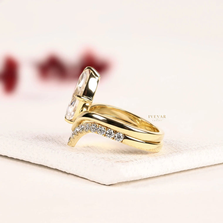 Marquise Cut Lab Diamond Pave Chevron Band Bridal Ring Set - view 2