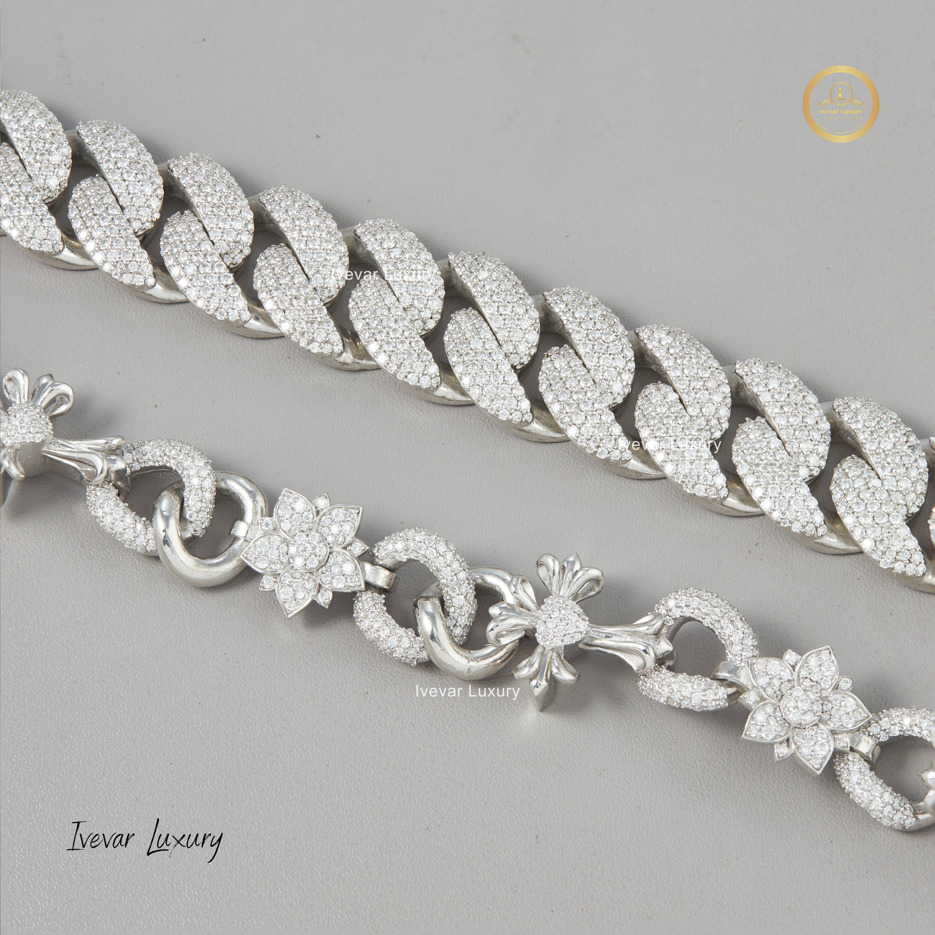 silver diamond custom chains , 22In*10mm width Round Moissanite Prong Cuban link Chain  925 Sterling silver gold - ivevar