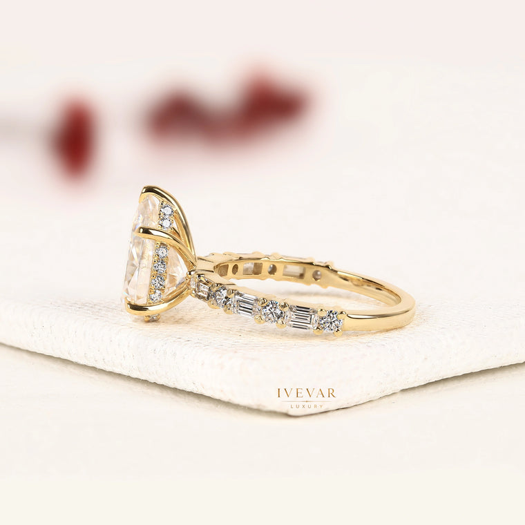 Pear Cut Moissanite Engagement Ring with Baguette Accent Band - view 2