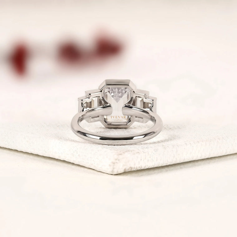 Emerald Cut Bezel Five Stone Baguette Moissanite Ring - view 2