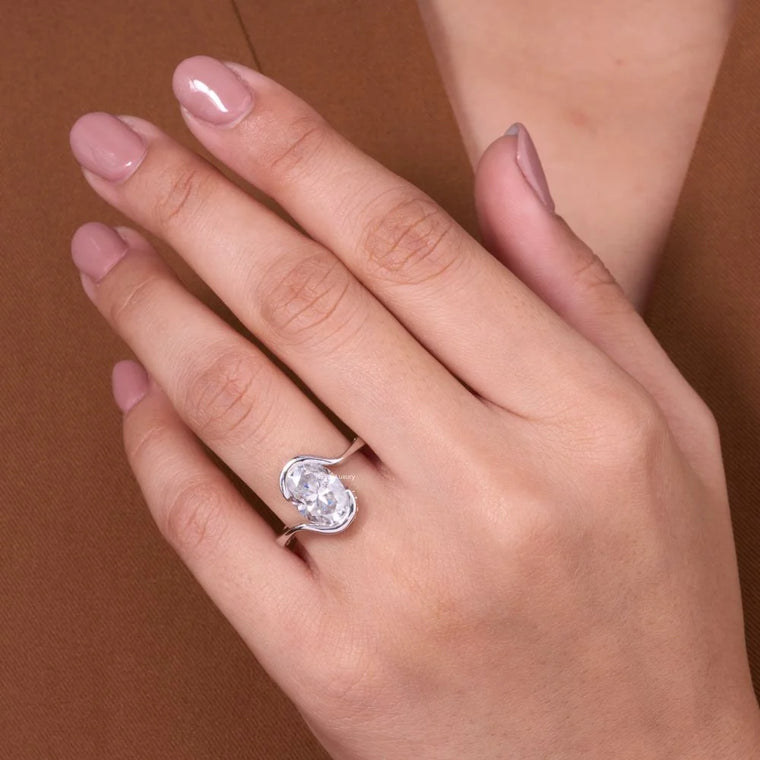 Oval Bezel Half Set Lab Diamond Solitaire Promise Ring - view 2