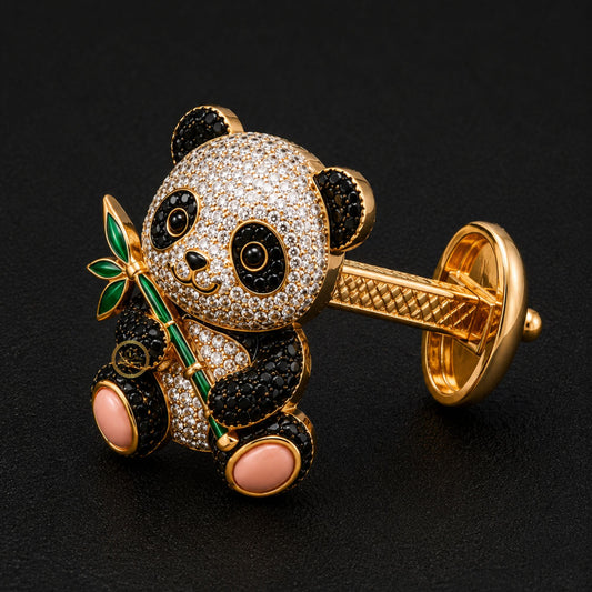 Panda with Bamboo Stone-Studded Cufflink Animal Statement Jewelry - view 3