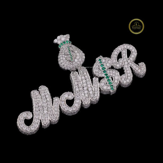 Iced-Out Custom Round MMSR Cursive Name Money Bag Pendant - view 3
