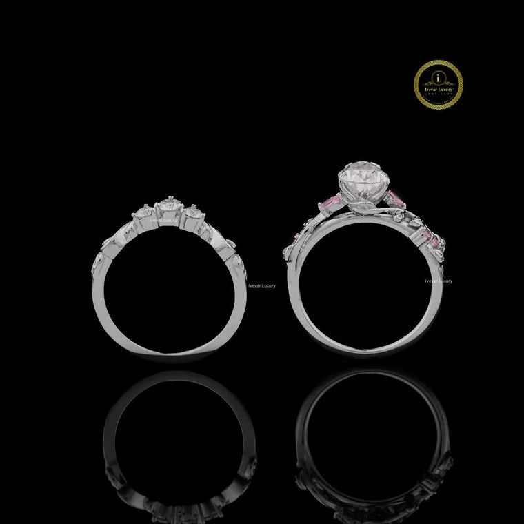 Pear Cut Floral Vine Lab Diamond Engagement Ring Set - view 3