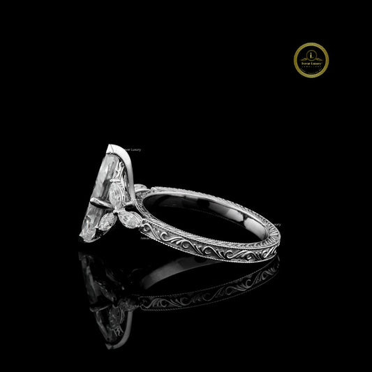 Vintage Marquise Lab Diamond Solitaire Ring With Sidestone - view 3