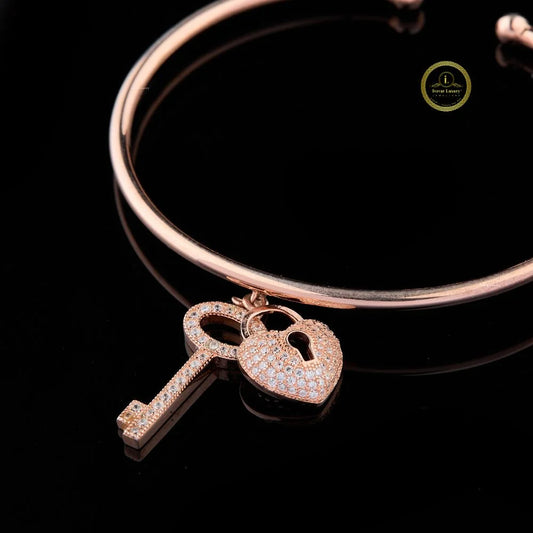 Heart Lock & Key Moissanite Open Cuff Bangle - view 3
