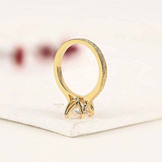 Marquise Cut Moissanite Ring with Engraved Gold Band - view 4