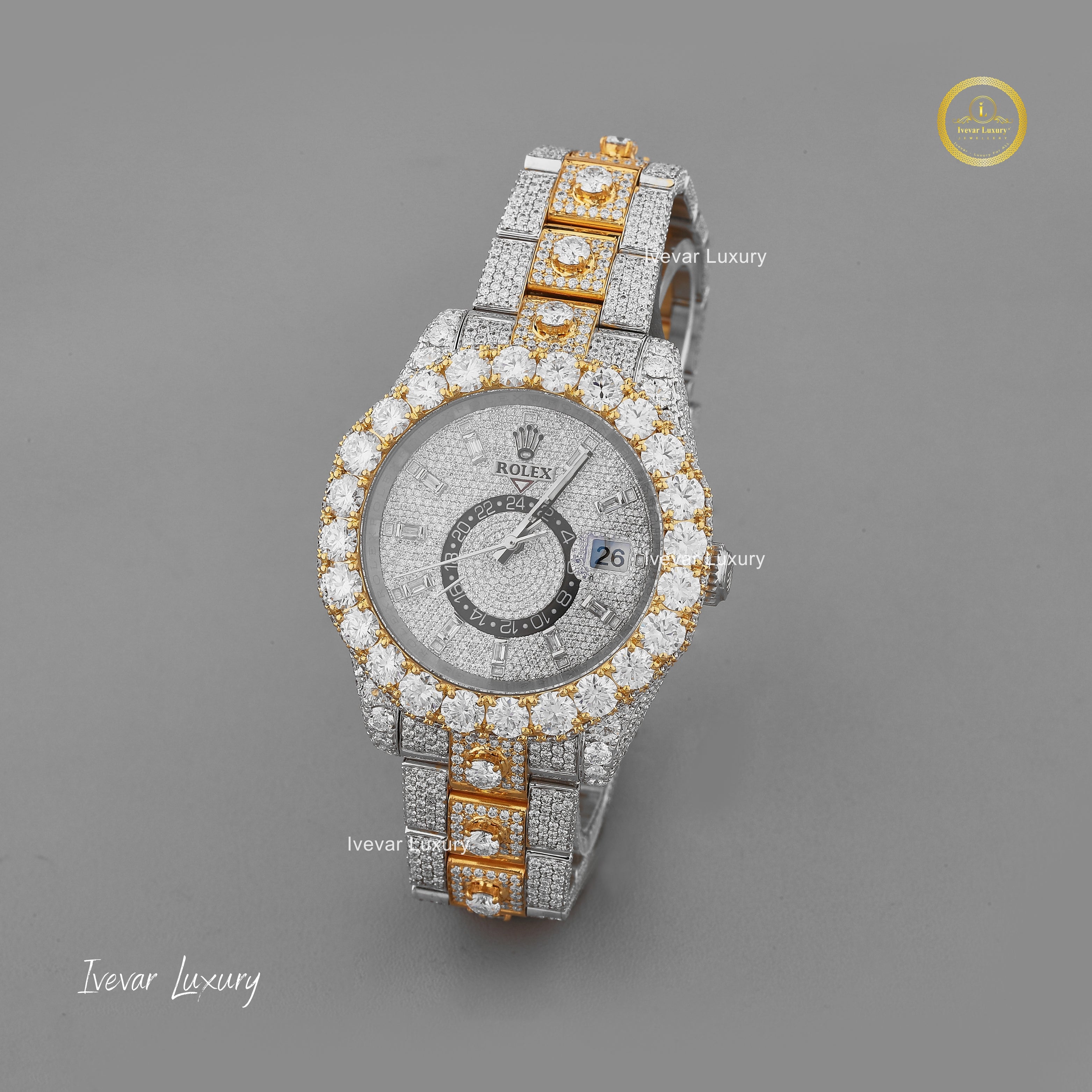 White  and Gold , 100 % Real VVS Full Ice Out Studded Moissanite Diamond Watch, Steel Body , Automatic Watch, Date Just Oyster Bust Down Watch