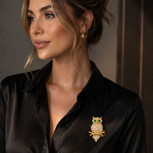 "Owl" Brooch with Green Eyes & Crystal Accents Bird Pin - view 4