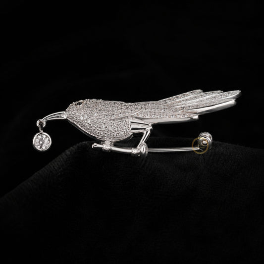 Diamond Bird Brooch with Dangling Stone Nature-Inspired Jewelry - view 2