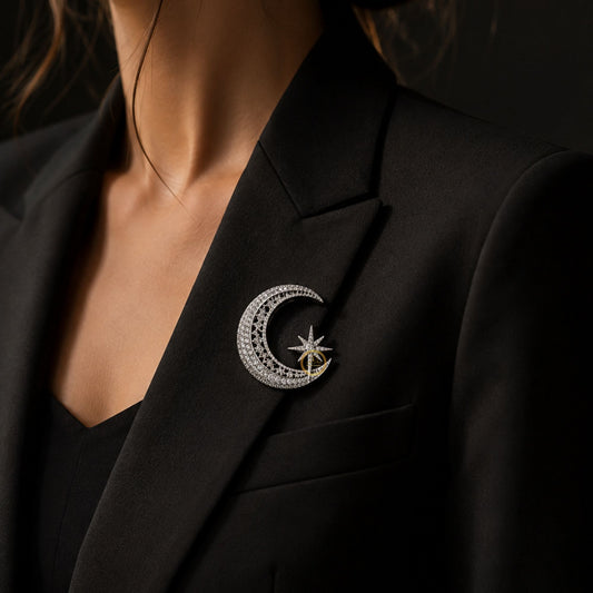 Luxury Crescent Moon & Star Crystal Brooch Celestial Statement Pin - view 4