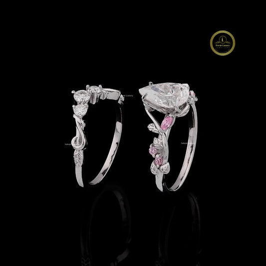 Pear Cut Floral Vine Lab Diamond Engagement Ring Set - view 4