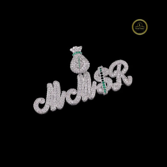 Iced-Out Custom Round MMSR Cursive Name Money Bag Pendant - view 4