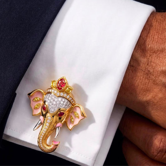 Lord Ganesha Crown Brooch Pin with Pink Enamel & Stones Cufflink - view 2