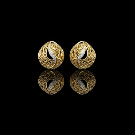 Artisan Filigree Wave Round Moissanite Stud Earrings with Curved Pave Accent