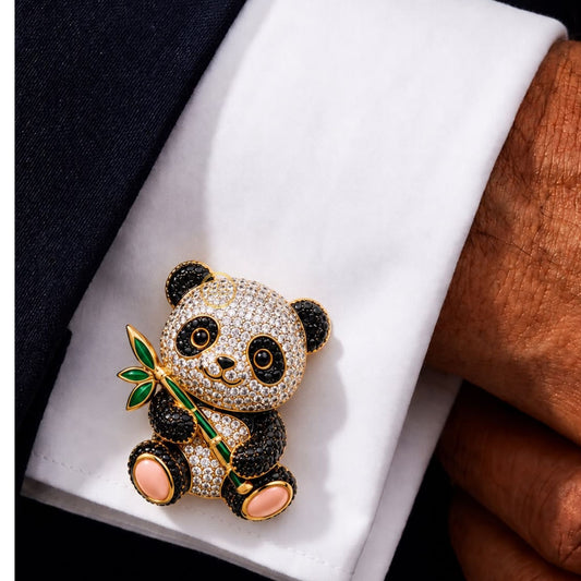 Panda with Bamboo Stone-Studded Cufflink Animal Statement Jewelry - view 2