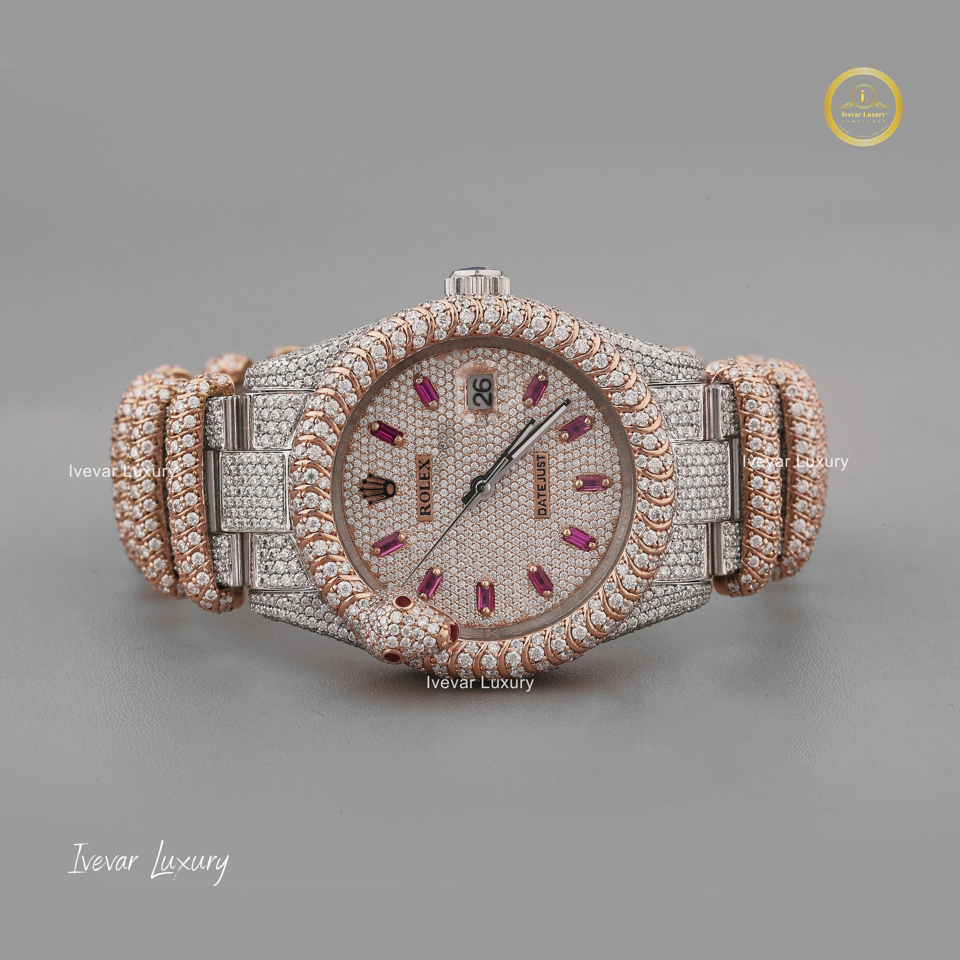 White and Rose gold , Snack face on the dial , 100 % Real VVS Full Ice Out Studded  Moissanite Diamond Watch, Steel Body Automatic Watch, Date Just Oyster Bust Down Watch