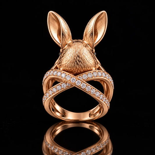 Rabbit Ring with Sparkling Diamond Accents and Unique 3D Bunny Head Design