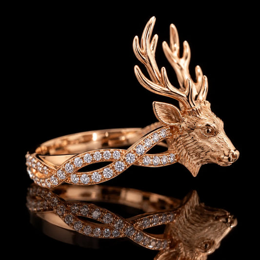 Elegant Rose Gold Deer Antler Ring with Sparkling Diamond Accents and Unique 3D Stag Head Design