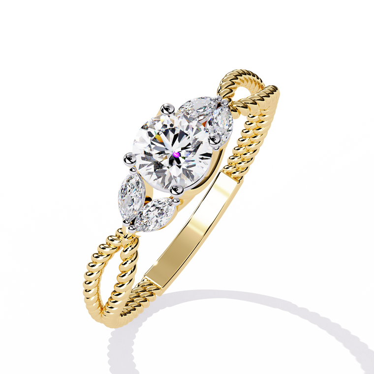 Round Cut Moissanite Rope Band Ring with Marquise Side Stones - view 2