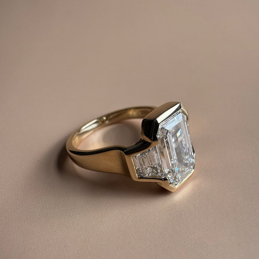 Emerald Cut Moissanite Three Stone Ring With Wide Band - view 4