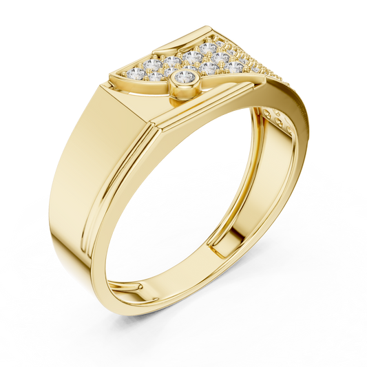 Round Cut Lab Grown Diamond Men's Asymmetric Curved Pave Gold Signet Ring - view 4