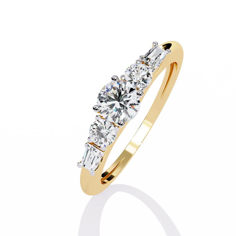 Round Five Stone Moissanite Ring with Baguette Side Stones - view 2